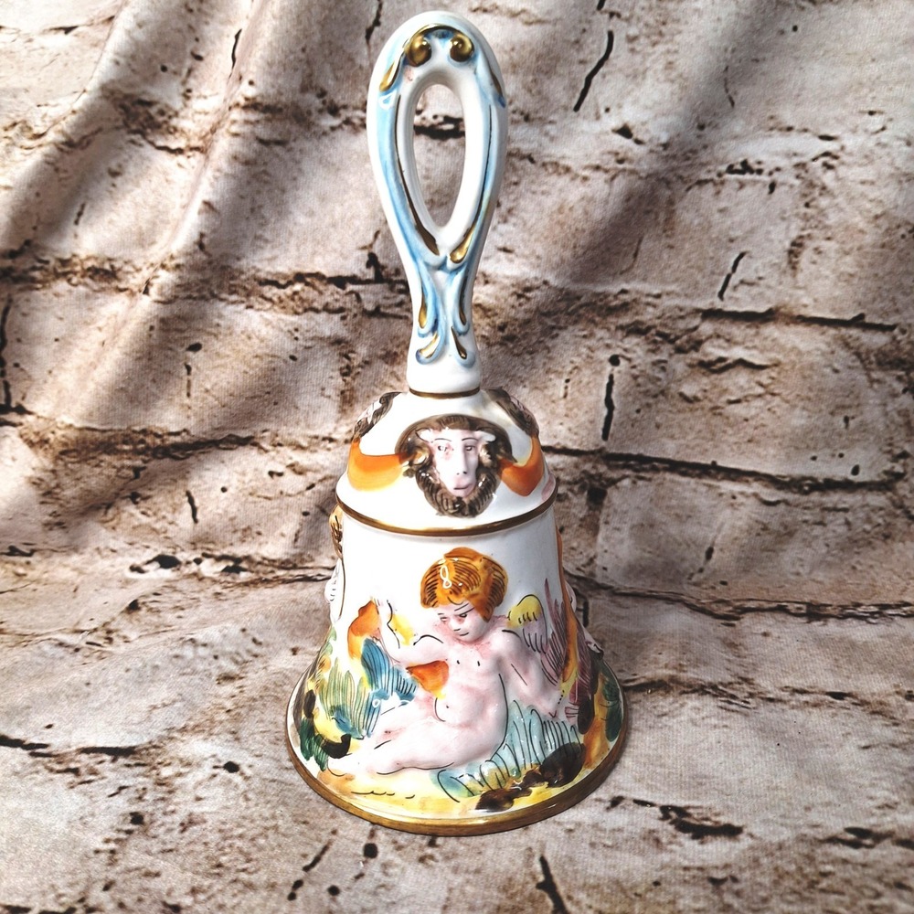 Vintage Italian Hand Painted gold gilt Capodimonte Porcelain Bell Cherubs Putti
